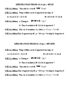 Kiểm tra Toán tháng 10 - Đề chẵn, lẻ
